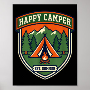 Happy camper badge tent mountain campfire vintage poster