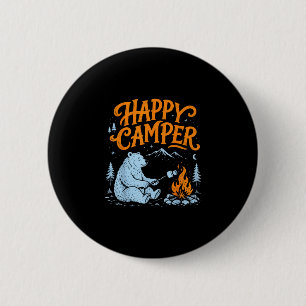 Happy camper bear roasting marshmallows design  6 cm round badge