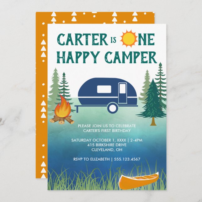 Happy Camper Boys First Birthday Invitation (Front/Back)