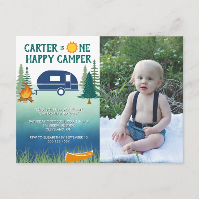 Happy Camper Boys First Birthday Photo Invitation  Postcard (Front)