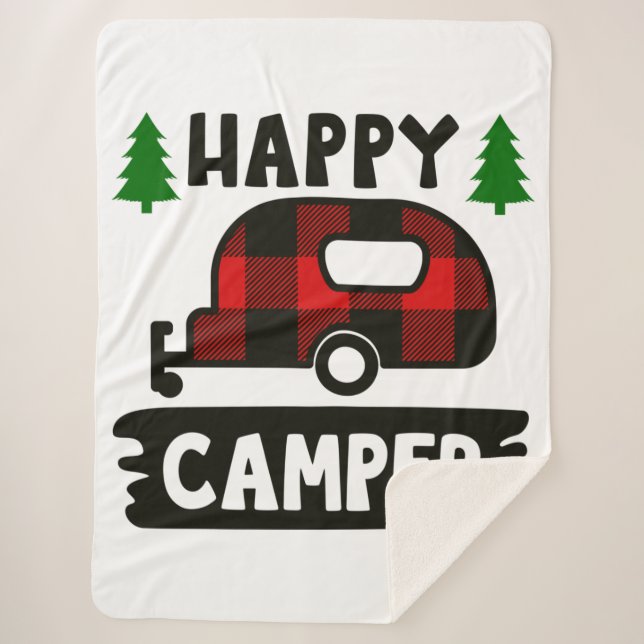 Happy Camper Buffalo Plaid Sherpa Blanket (Front)