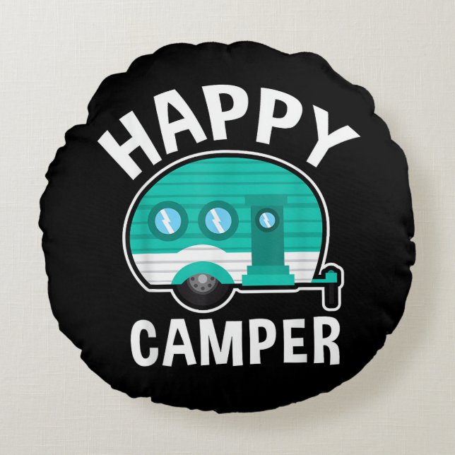 Happy Camper Camping Car Caravan Funny Vacation Round Cushion (Front)