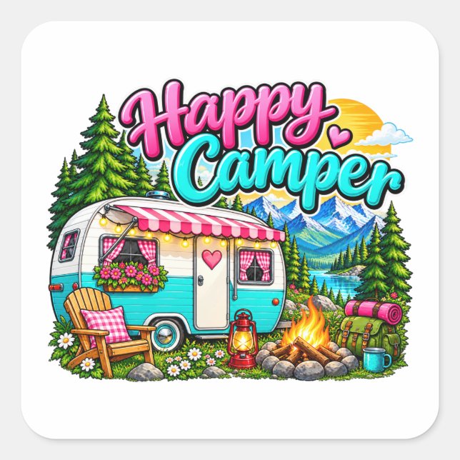 Happy Camper Camping Design Square Sticker (Front)