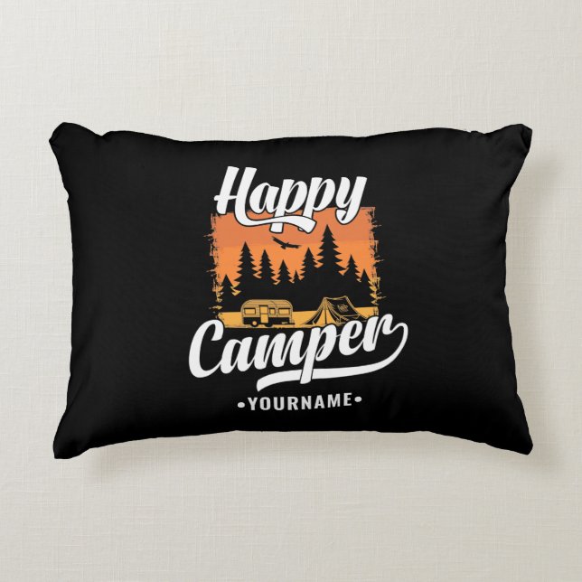 Happy Camper Camping Hiking Travel Caravan Life Decorative Cushion (Front)