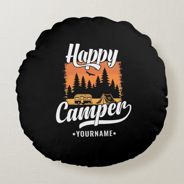 Happy Camper Camping Hiking Travel Caravan Life Round Cushion (Front)