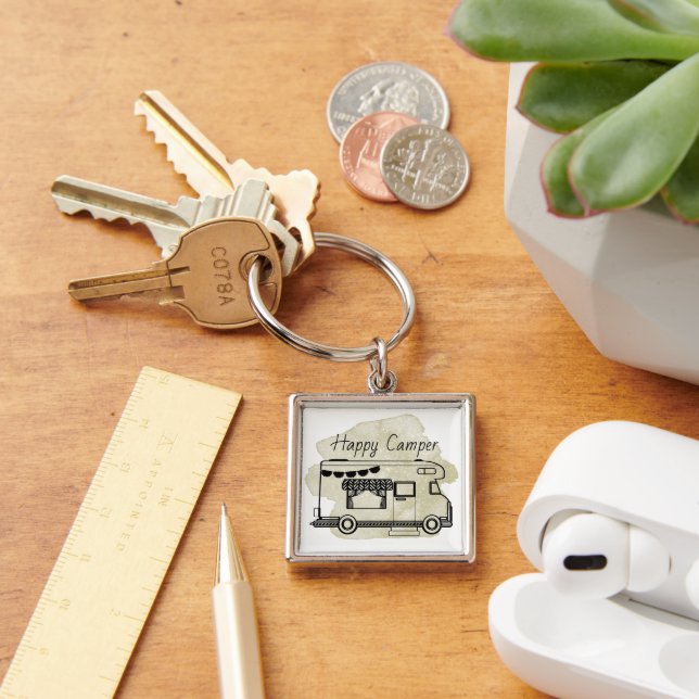 Happy camper caravan trailer boho green abstract  key ring (Desk)