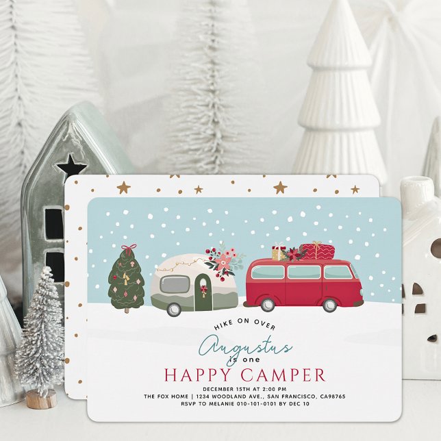 Happy Camper Christmas Holiday Blue 1st Birthday Invitation (Creator Uploaded)