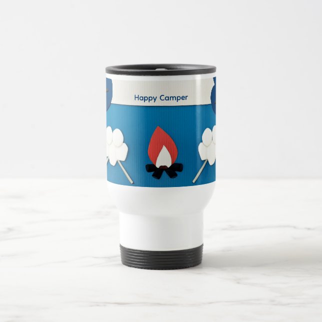 Happy Camper Custom Text with Fire and Marshmallow Travel Mug (Center)