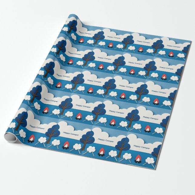 Happy Camper Custom Text with Fire and Marshmallow Wrapping Paper (Unrolled)