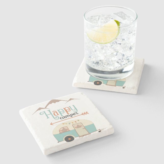 Happy Camper Cute Retro RV Stone Coaster (Side)