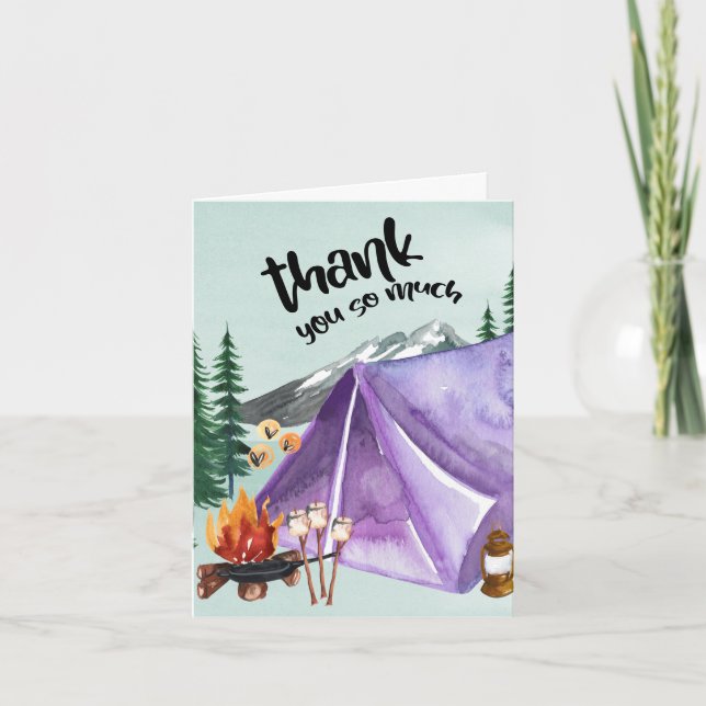 Happy Camper Girls Birthday Purple Tent Thank You Card (Front)