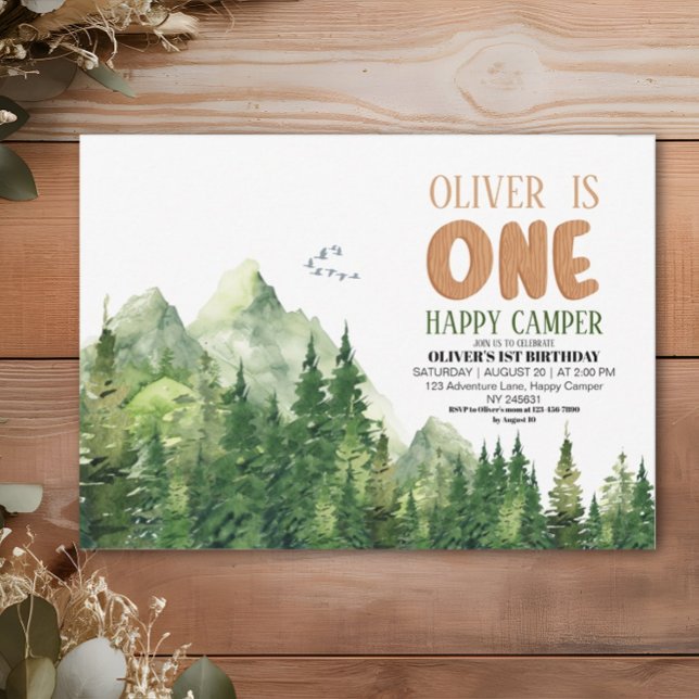 Happy Camper Green Watercolor Forest 1st Birthday Invitation (Creator Uploaded)