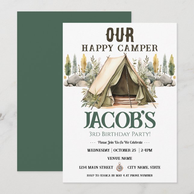  Happy Camper Kids 3rd Birthday  Invitation (Front/Back)