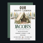 Happy Camper Kids 3rd Birthday  Invitation<br><div class="desc">Fun neutral themed camping birthday kids party. Available as a digital download printable.
Great for any season. Let's build something fun for your little one on their birthday! Custom,  personalised,  editable electronic download
watercolor tent,  trees,  woodland,  compass,  adventure begins,  happy camper</div>