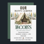 Happy Camper Kids 3rd Birthday  Invitation<br><div class="desc">Fun neutral themed camping birthday kids party. Available as a digital download printable.
Great for any season. Let's build something fun for your little one on their birthday! Custom,  personalised,  editable electronic download
watercolor tent,  trees,  woodland,  compass,  adventure begins,  happy camper</div>