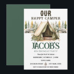 Happy Camper Kids 4th Birthday  Invitation<br><div class="desc">Fun neutral themed camping birthday kids party. Available as a digital download printable.
Great for any season. Let's build something fun for your little one on their birthday! Custom,  personalised,  editable electronic download
watercolor tent,  trees,  woodland,  compass,  adventure begins,  happy camper</div>