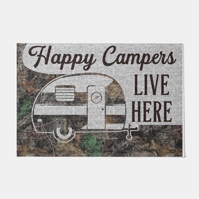Happy Camper Lives Here Doormat, Personalised Doormat (Front)