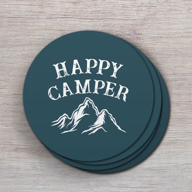 Happy Camper Mountain Adventure Teal Camping  Round Paper Coaster (Creator Uploaded)