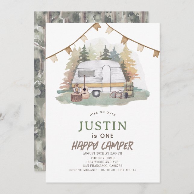 Happy Camper Mountain Forest Boy 1st Birthday Invitation (Front/Back)