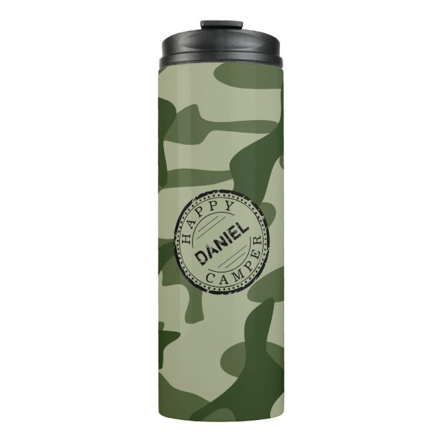 Happy Camper Olive Green Camo Name Camping Travel Thermal Tumbler (Front)