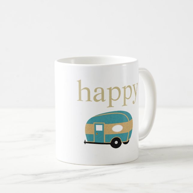Happy Camper Personality Teal Gold Travel Trailer Coffee Mug (Front Right)