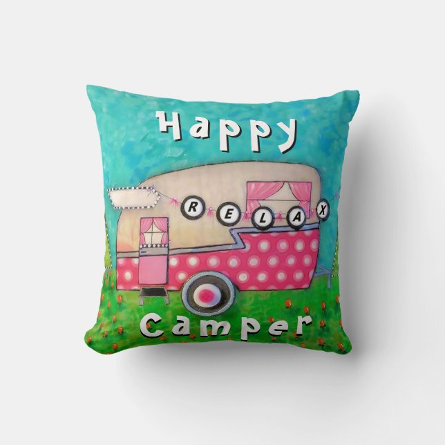 Happy Camper Pillow, Camper Art Cushion (Front)