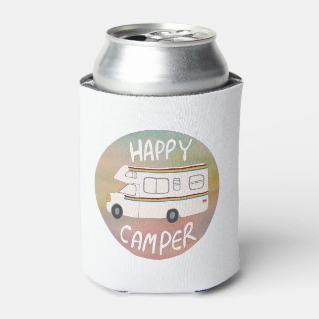 Happy Camper Rainbow RV Sunset Motorhome RVing Can Cooler (Can Front)
