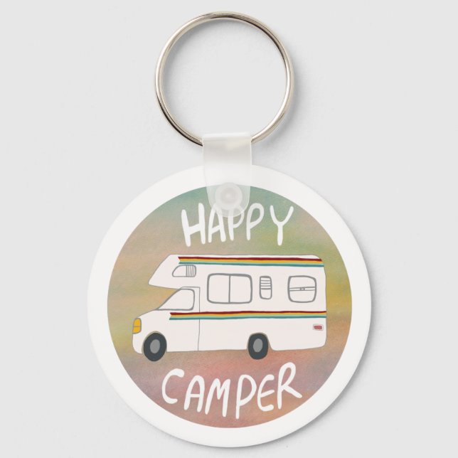 Happy Camper Rainbow RV Sunset Motorhome RVing Key Ring (Front)