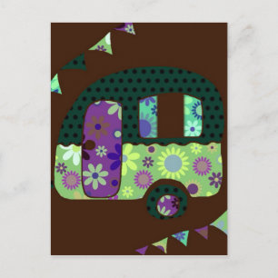 Happy camper, retro caravan vintage bunting postcard