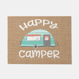Happy Camper Retro Trailer RV Caravan Burlap Doormat