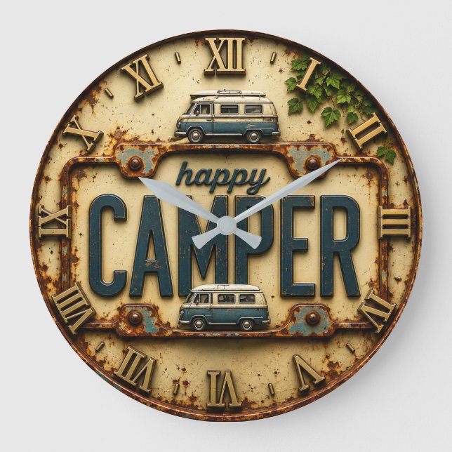 Happy Camper RV Adventure Gift Rustic Cabin Large Clock (Front)