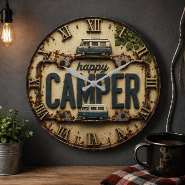 Happy Camper RV Adventure Gift Rustic Cabin Large Clock (Creator Uploaded)