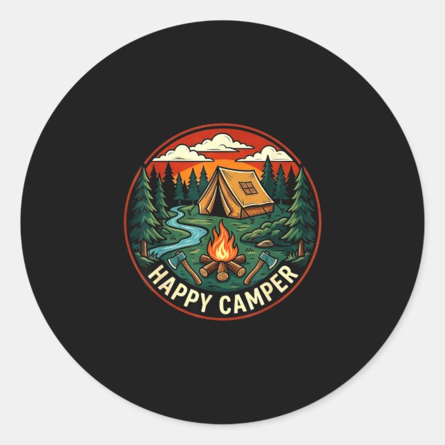 Happy camper seek adventure camping campfire classic round sticker (Front)