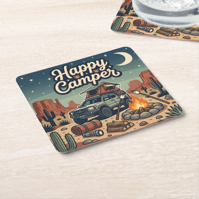Happy Camper Square Paper Coaster (Angled)