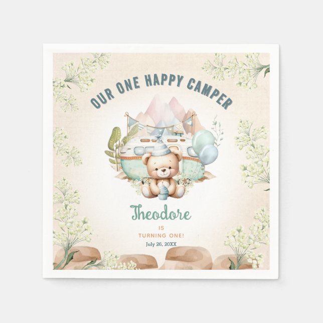 Happy Camper Summer 1st Birthday Boy Paper Napkin (Front)