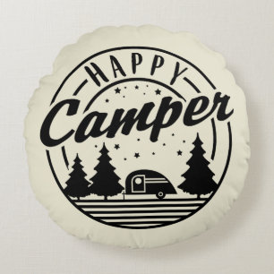 Happy Camper T Shirt Trees Stars and Camp Trailer Round Cushion