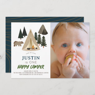 Happy Camper Tent Bear Boy 1st Birthday Photo Invitation