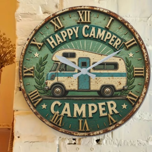 Happy Camper Trailer Gift for Outdoor Lovers Large Clock (Creator Uploaded)