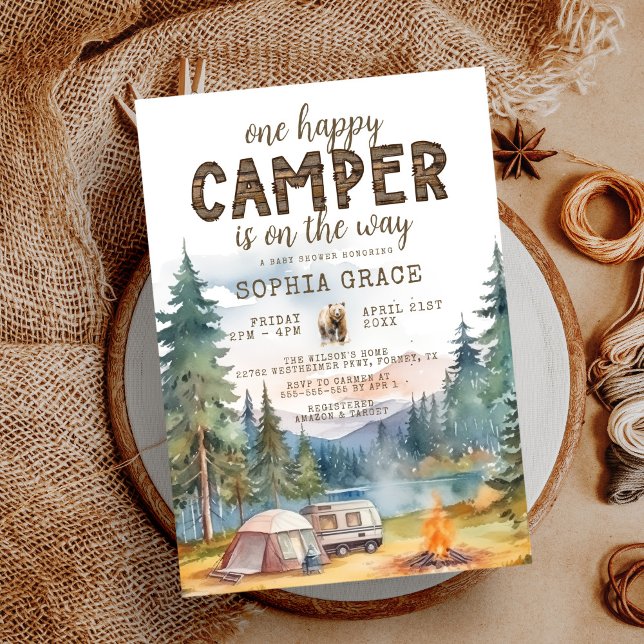 Happy Camper Watercolor Woodland Baby Shower Invitation (Creator Uploaded)