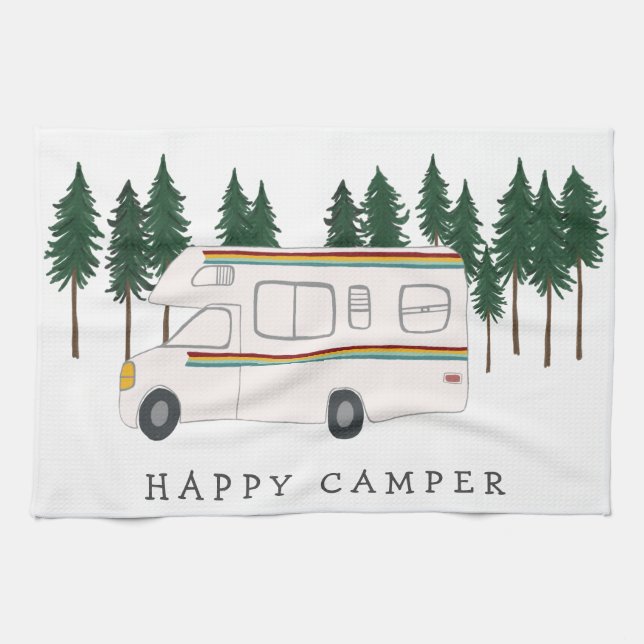 HAPPY CAMPER whimsical motorhome RVing Forest Tea Towel (Horizontal)