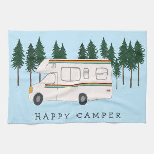 HAPPY CAMPER whimsical motorhome RVing Forest Tea Towel