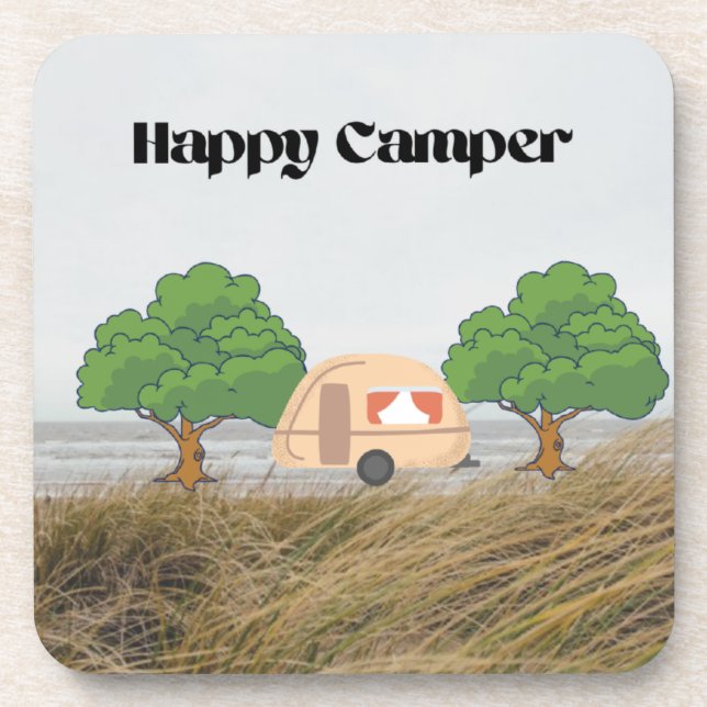 Happy Camper with a camper in the trees on a  Coaster (Front)