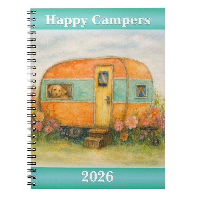 Happy Campers 2025 Spiral Notebook — Retro Caravan (Front)
