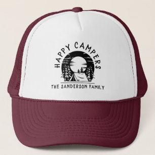 Happy Campers Family Name Camping Trip Black White Trucker Hat