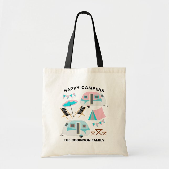 Happy Campers Family Name Retro Caravan Camping Tote Bag (Front)