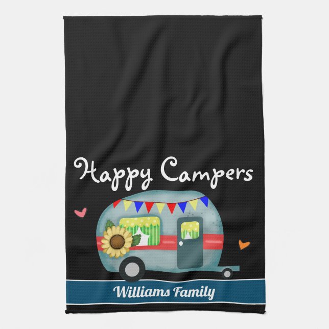 Happy Campers Family Name Tea Towel (Vertical)