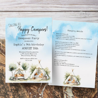 Happy Campers glamp teepee tent sleepover Invitation