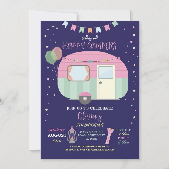 Happy Campers Glamping Camp Navy Pink Invitation (Front)