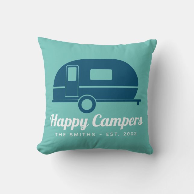 Happy Campers Navy Teal Camping Cushion (Front)