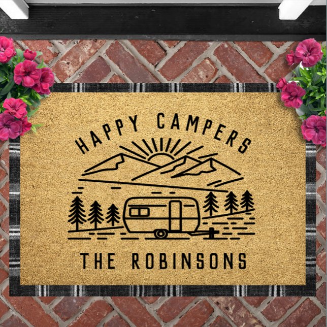 Happy Campers Personalised Custom Family Name Doormat (Happy Campers Personalized Doormat | Custom Family Name RV Decor Camping Welcome Mat Campsite)